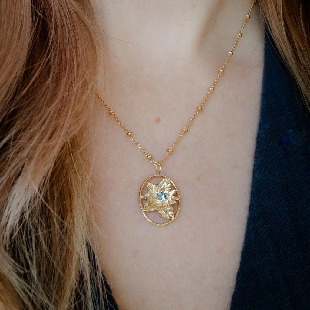 Poinsettia Flower Necklace - 14K Gold Plate with a Beaded Gold Filled chain- Personalized Jewelry -Tanzanite Birth Month Flower Gift