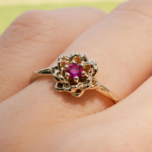 Water lily Flower Ring • Ruby July Birth Flower Ring • 14k Gold or Solid Silver