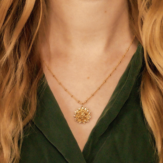 Dalhia Flower Necklace, with gold filled beaded satellite chain