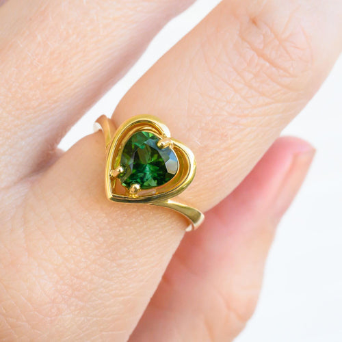 18K Solid Gold Heart Shaped Green Tourmaline Ring