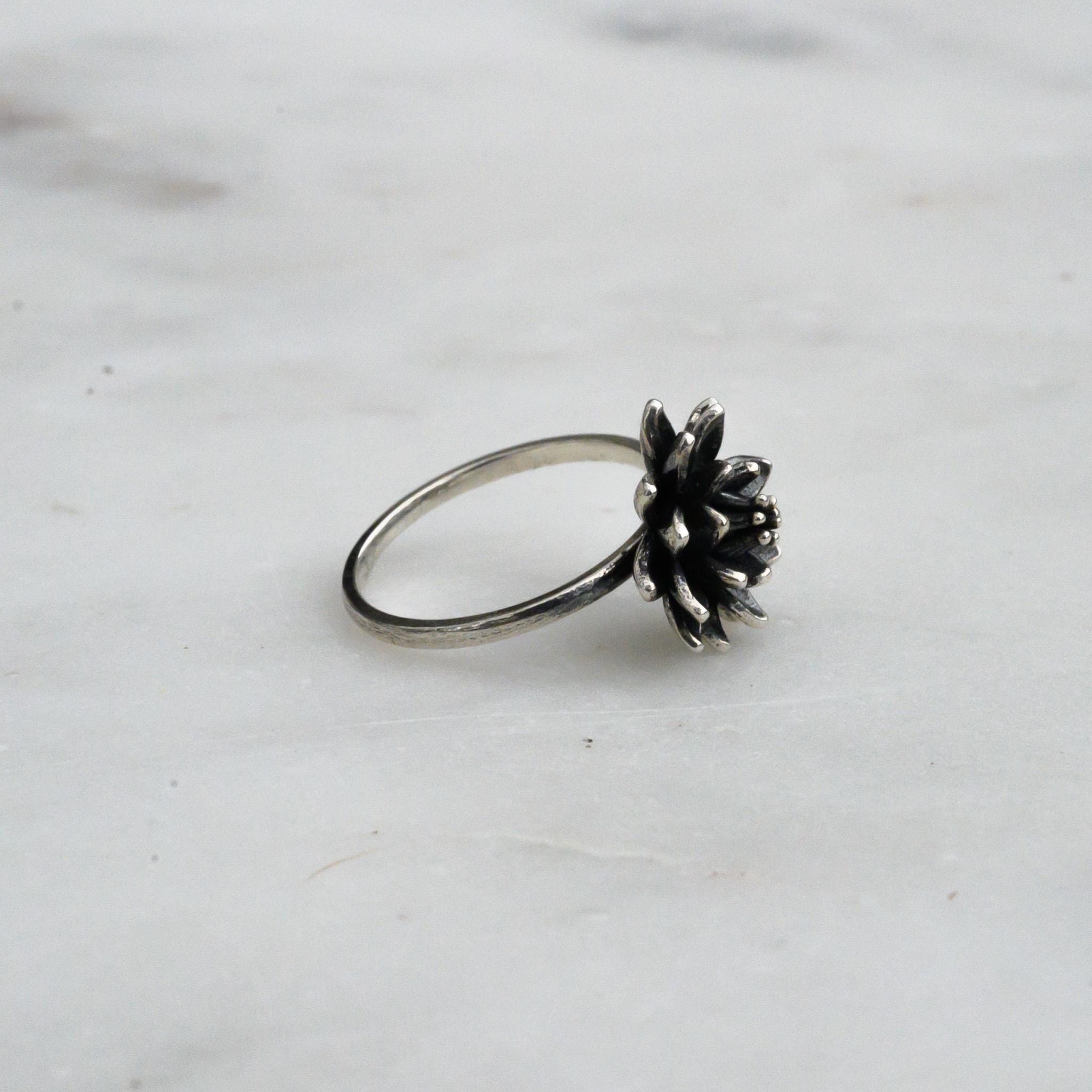Antiqued Silver Lotus Ring, Size 6 – 14mm Water Lily Flower Jewelry