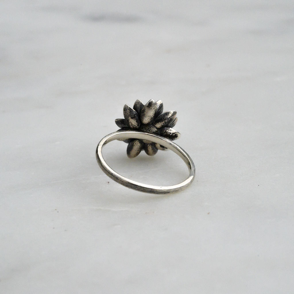 Antiqued Silver Lotus Ring, Size 6 – 14mm Water Lily Flower Jewelry