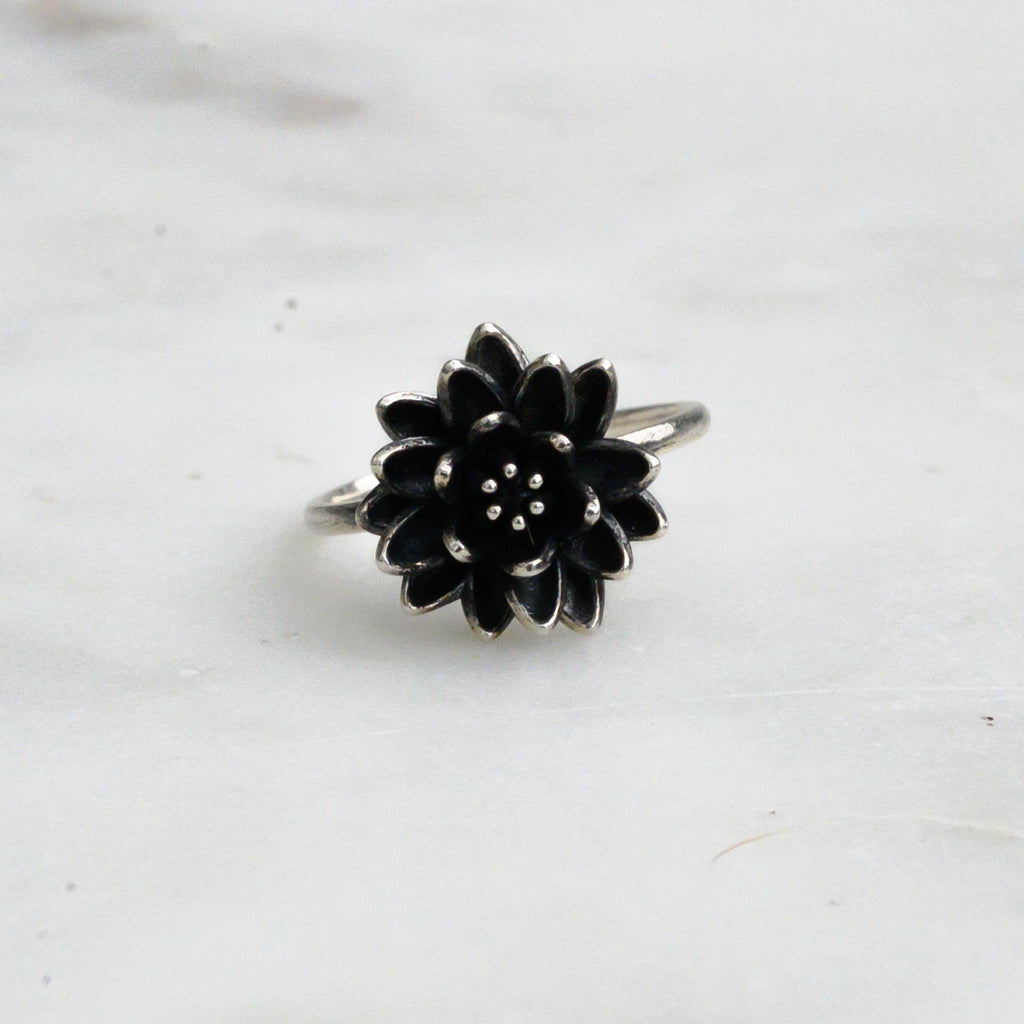 Antiqued Silver Lotus Ring, Size 6 – 14mm Water Lily Flower Jewelry