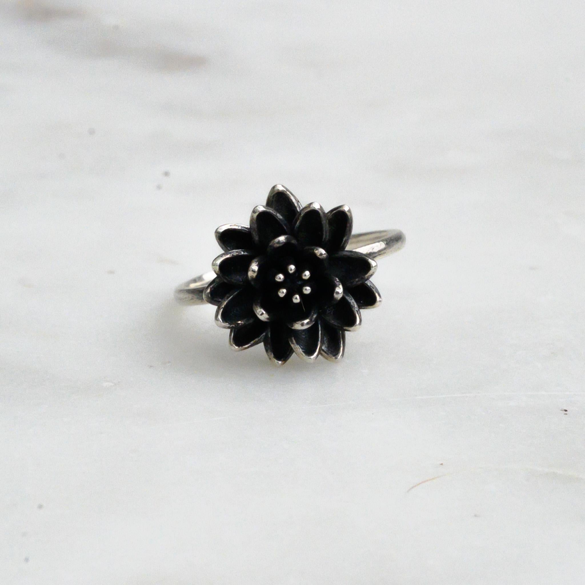 Antiqued Silver Lotus Ring, Size 6 – 14mm Water Lily Flower Jewelry