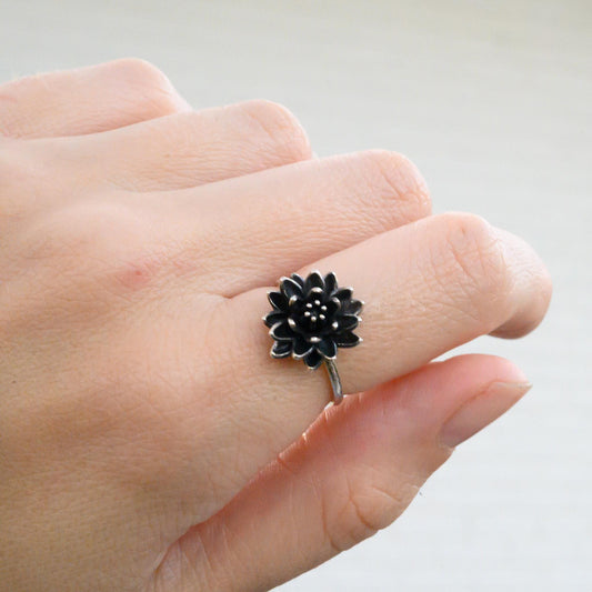 Antiqued Silver Lotus Ring, Size 6 – 14mm Water Lily Flower Jewelry