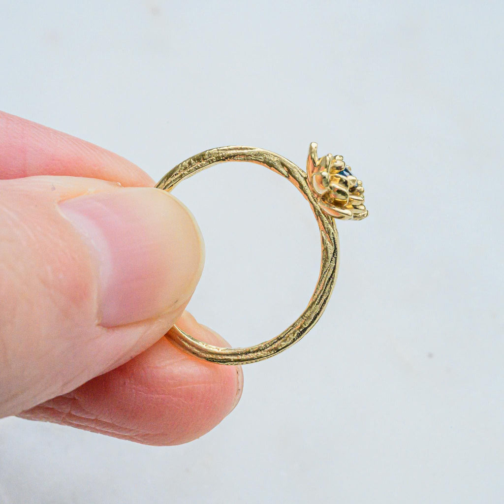 9K Gold Lotus Flower Ring with Blue Diamond