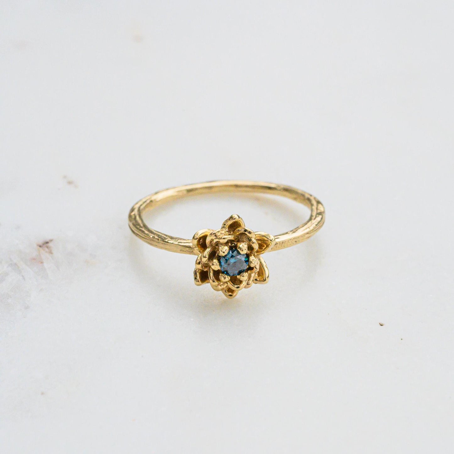 9K Gold Lotus Flower Ring with Blue Diamond