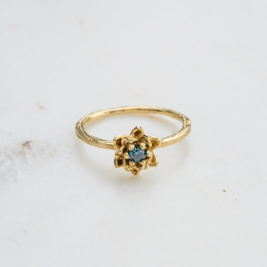 9K Gold Lotus Flower Ring with Blue Diamond