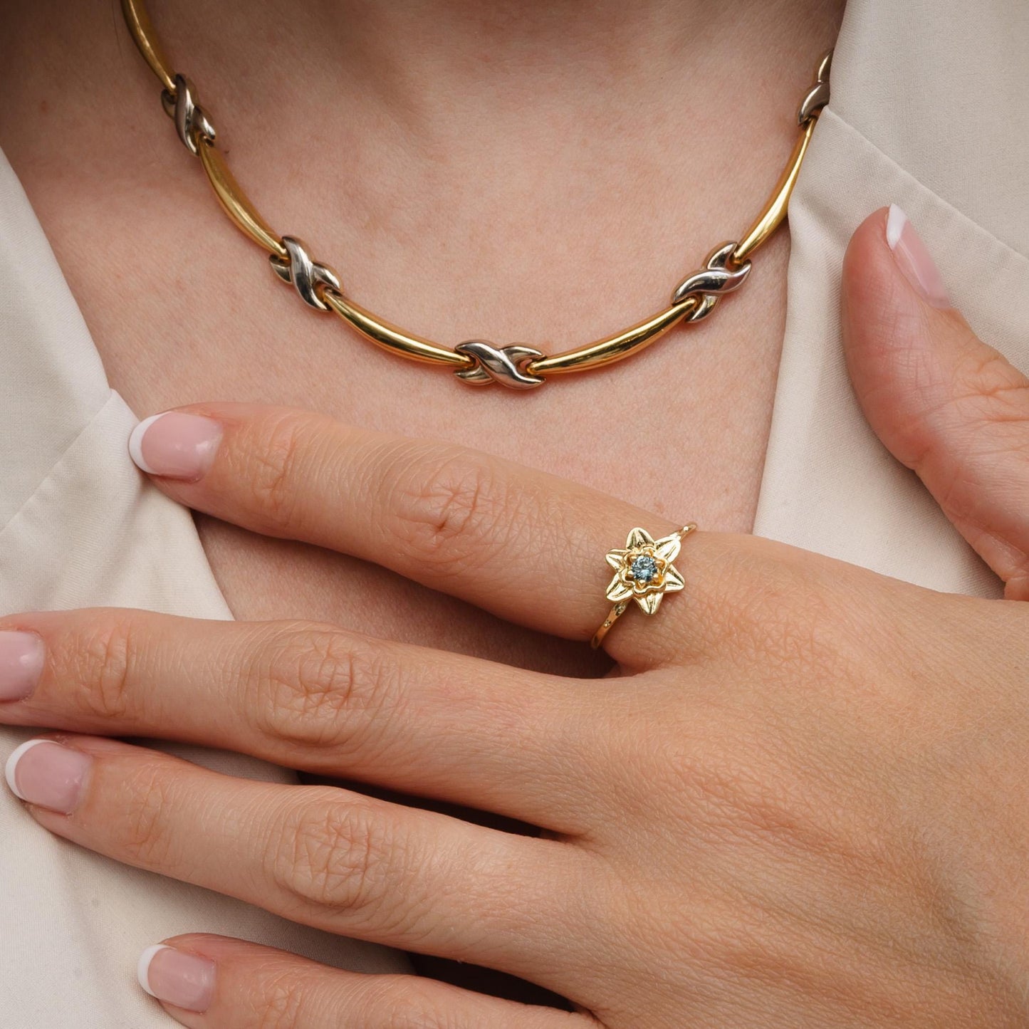 Solid Gold Daffodil Flower Ring with 3mm AA Aquamarine
