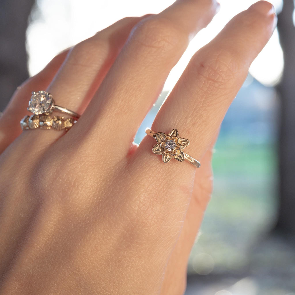 Solid Gold Daffodil Flower Ring with 3mm AA Aquamarine
