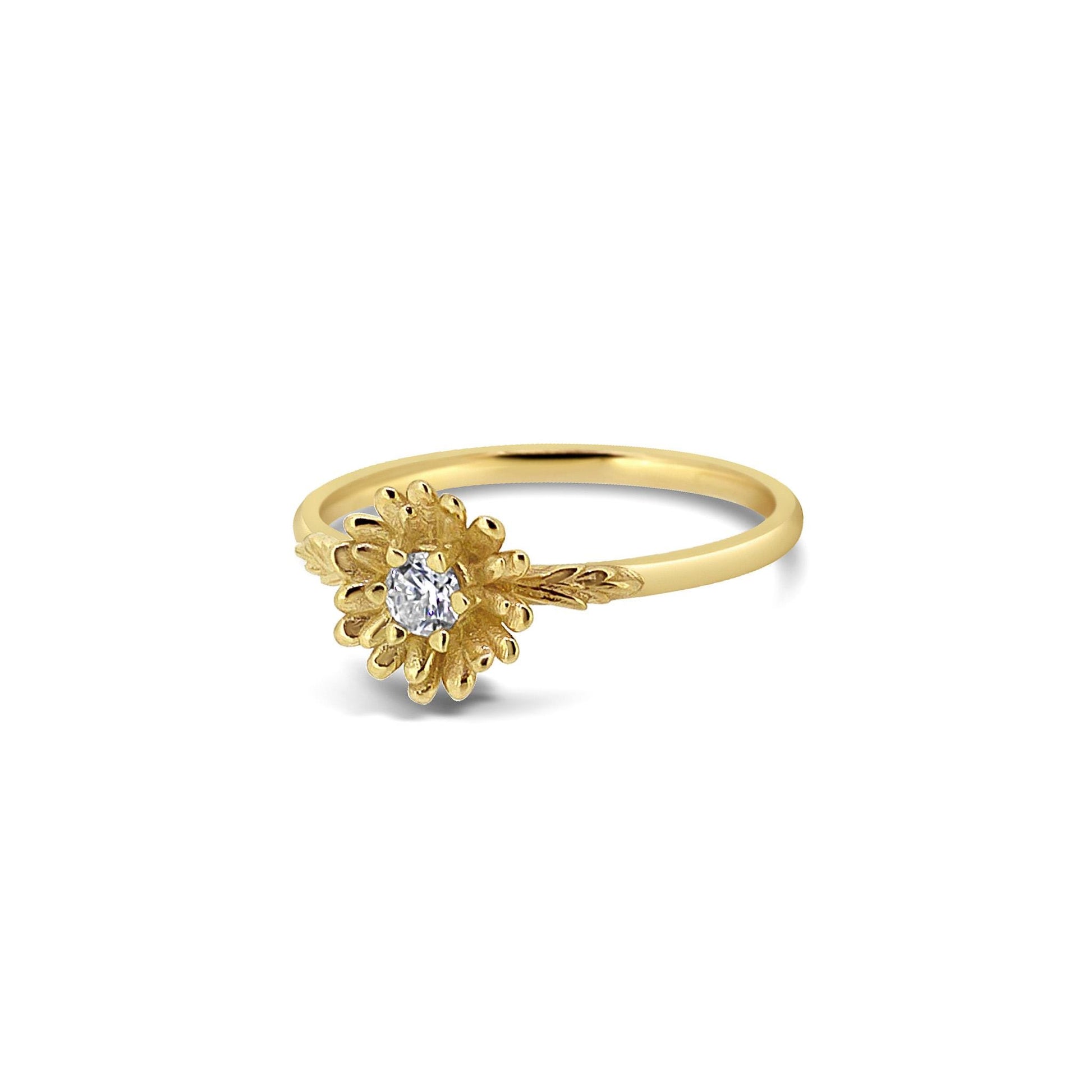Solid Gold Daisy Flower Ring with White Sapphire