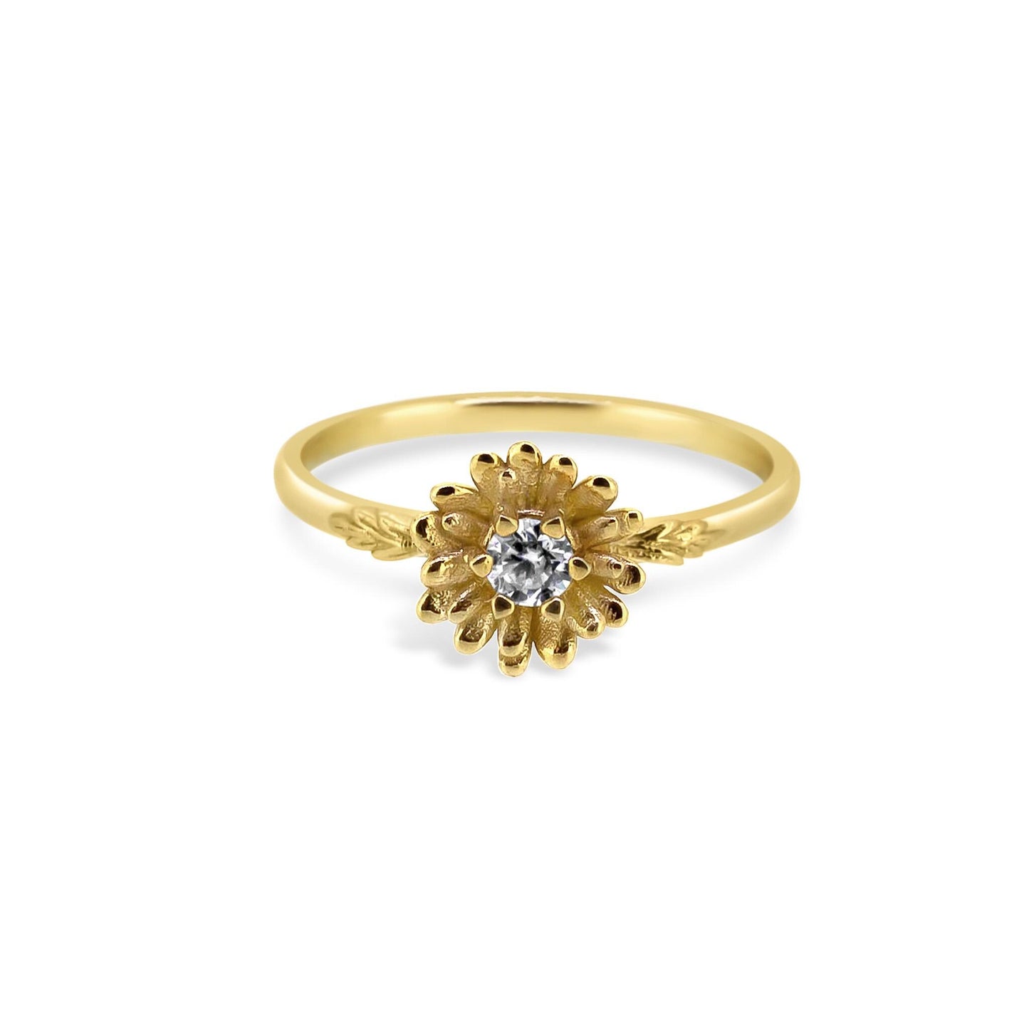 14k Gold Daisy Flower Ring with White Sapphire – April Birth Month Jewelry