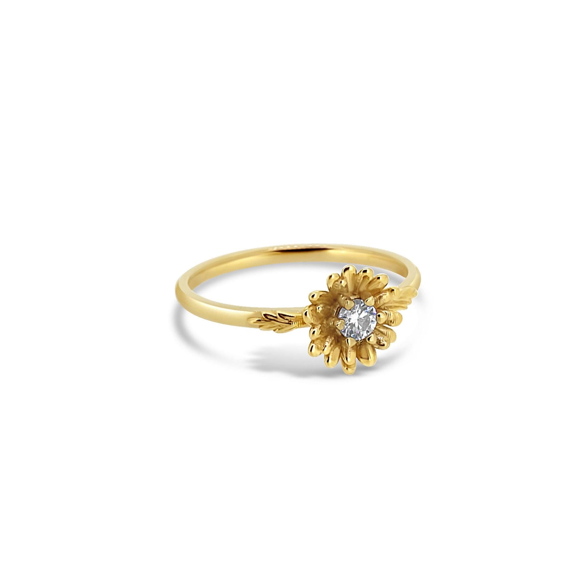 14k Gold Daisy Flower Ring with White Sapphire – April Birth Month Jewelry