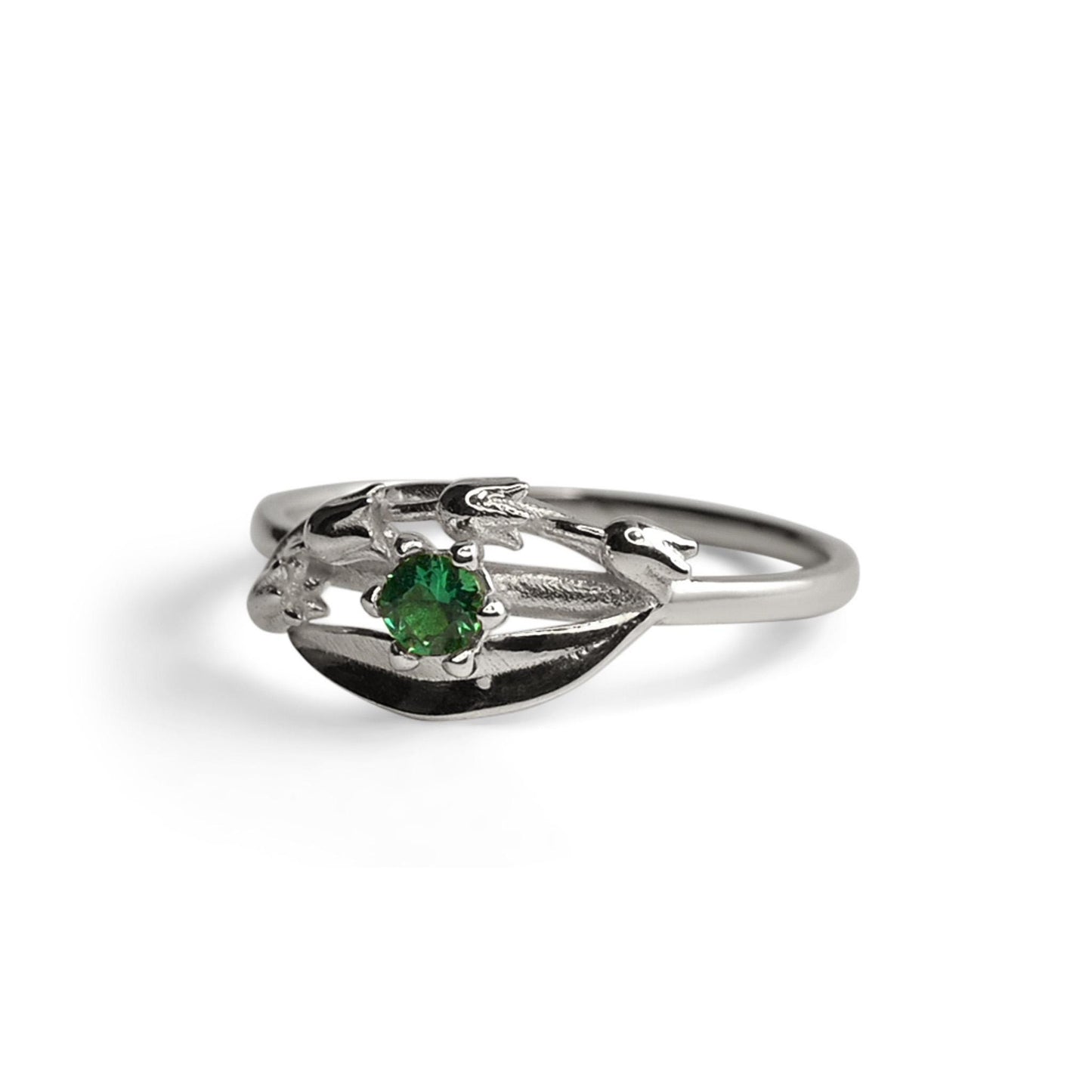 Solid Gold Lily of the Valley Ring with AA Lab-Made Emerald
