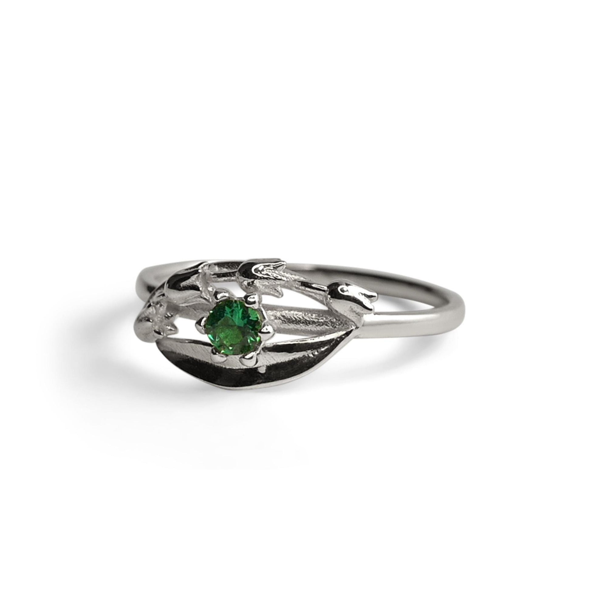 Solid Gold Lily of the Valley Ring with AA Lab-Made Emerald
