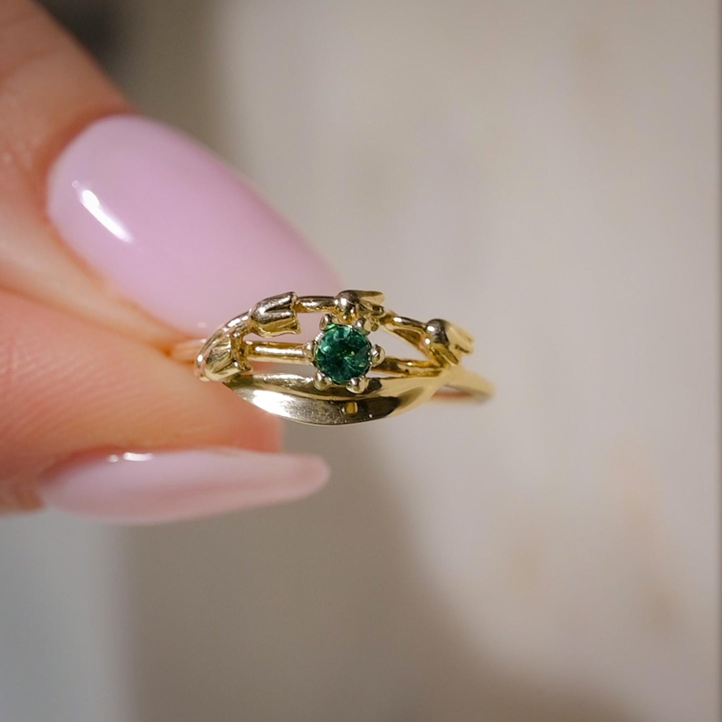 Solid Gold Lily of the Valley Ring with AA Lab-Made Emerald