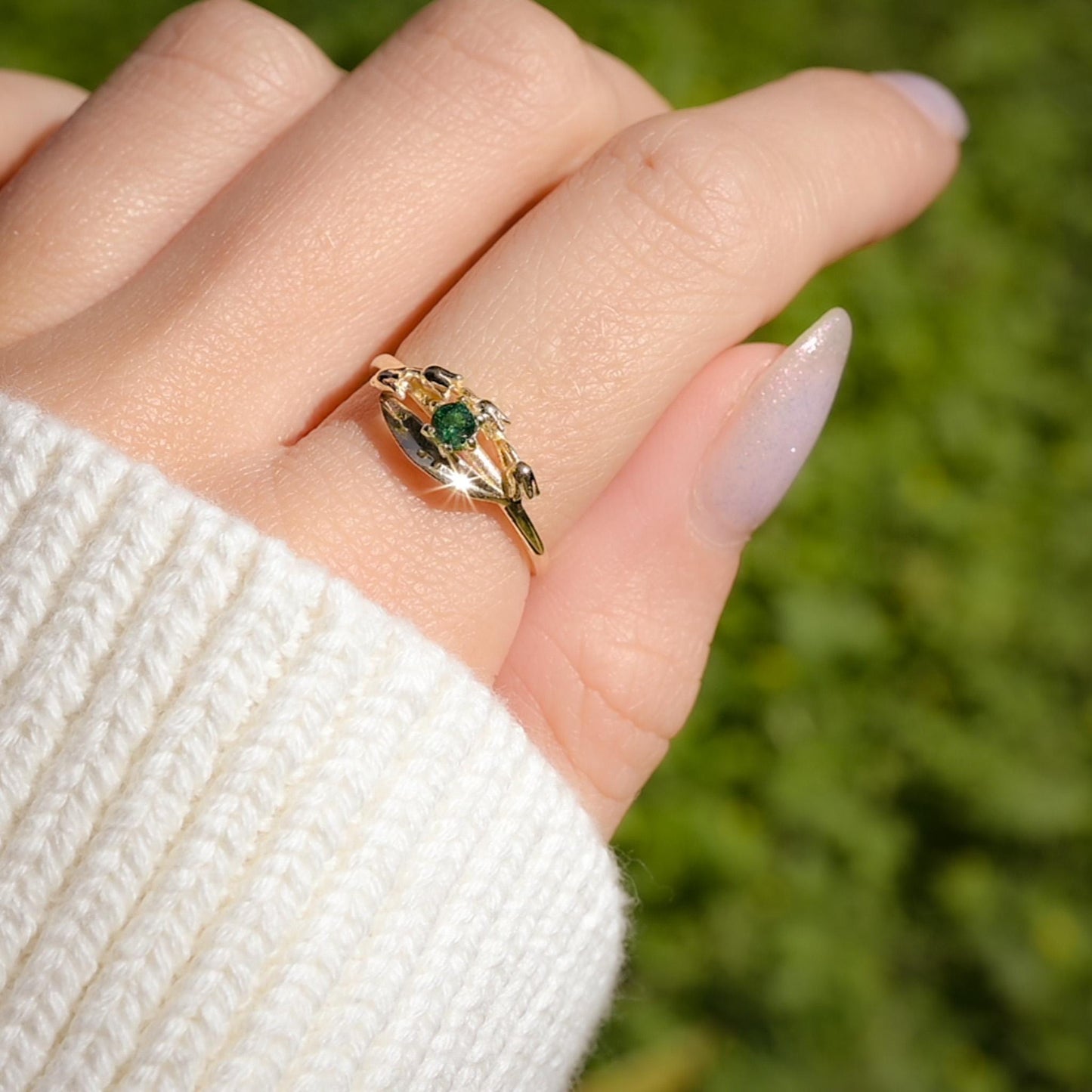 Solid Gold Lily of the Valley Ring with AA Lab-Made Emerald