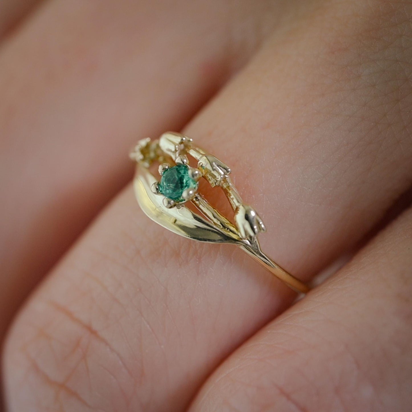 Solid Gold Lily of the Valley Ring with AA Lab-Made Emerald