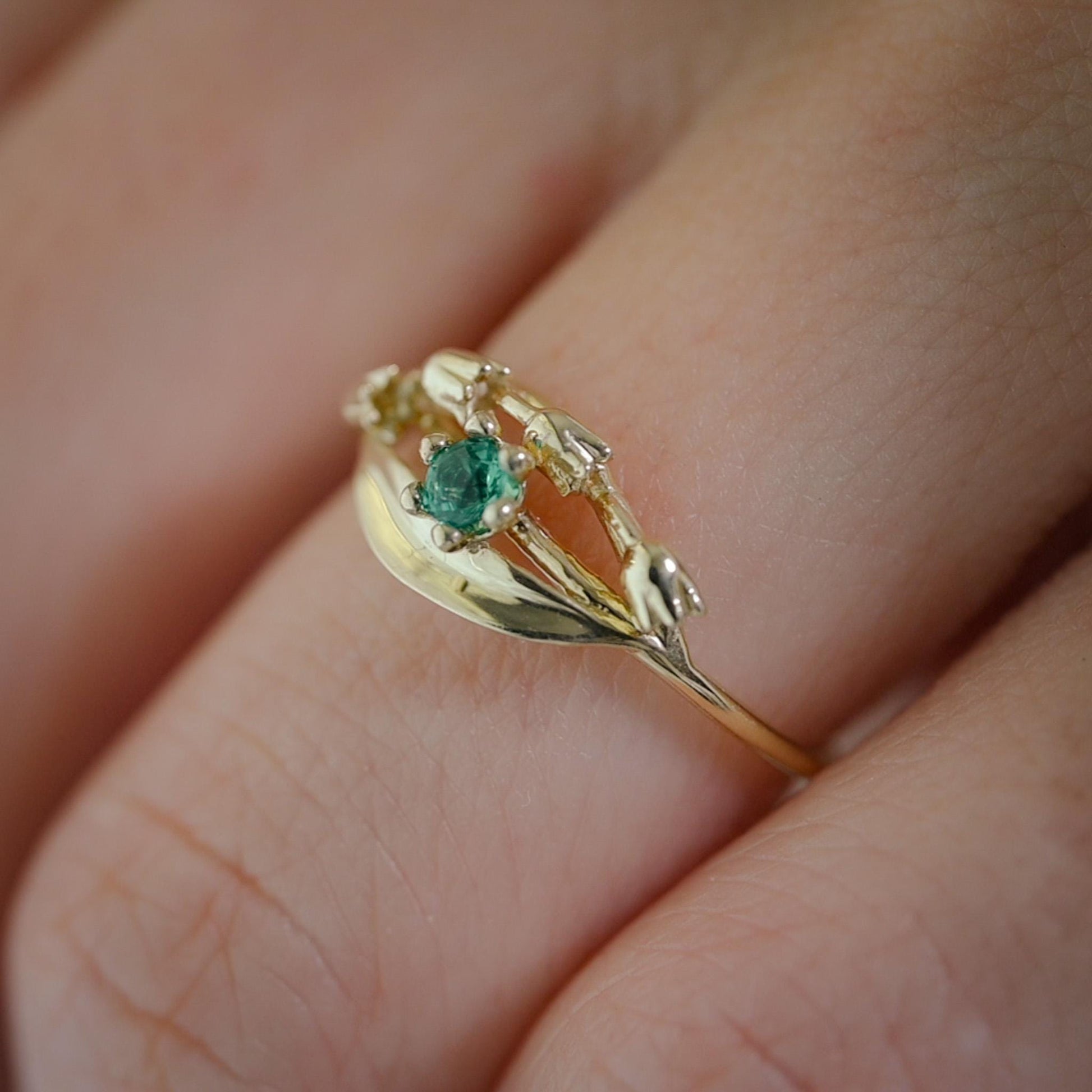 Solid Gold Lily of the Valley Ring with AA Lab-Made Emerald