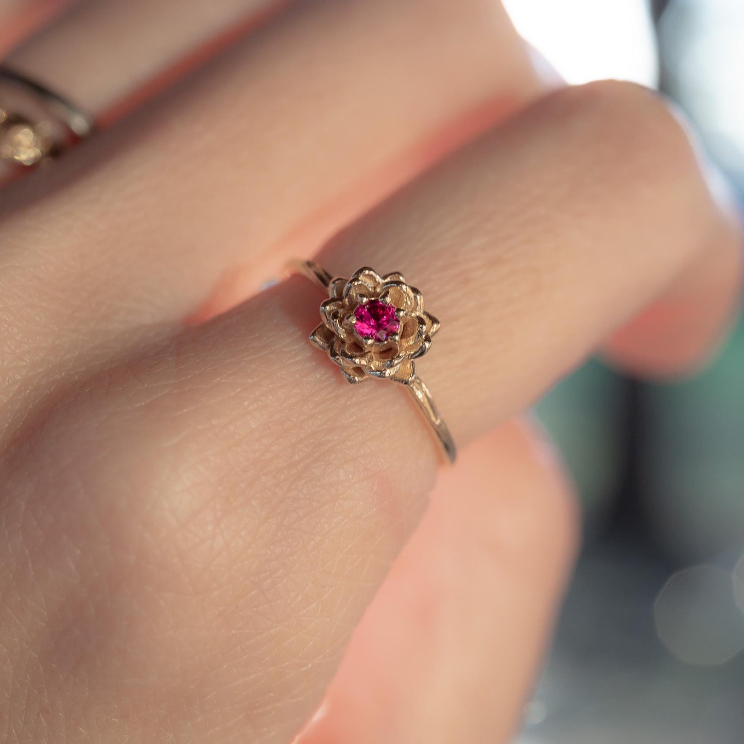 14k Gold Water Lily Ruby Ring: July Birth Flower Ring -Size 7