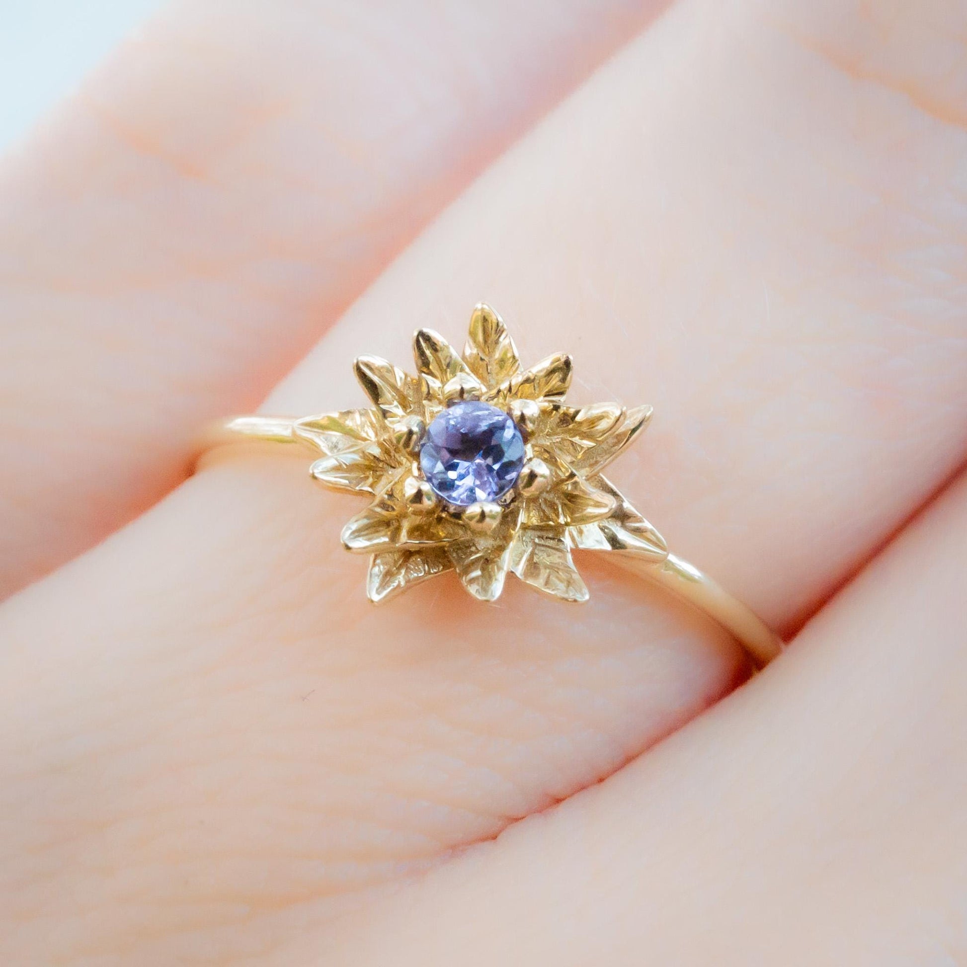 Solid Gold Poinsettia Birth Flower Ring with Tanzanite – December Birth Flower Jewelry