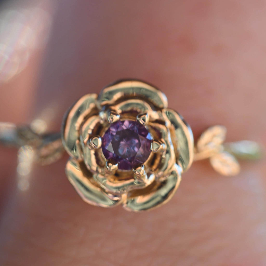Solid Gold Rose Birth Flower Ring with Lab-Made Alexandrite