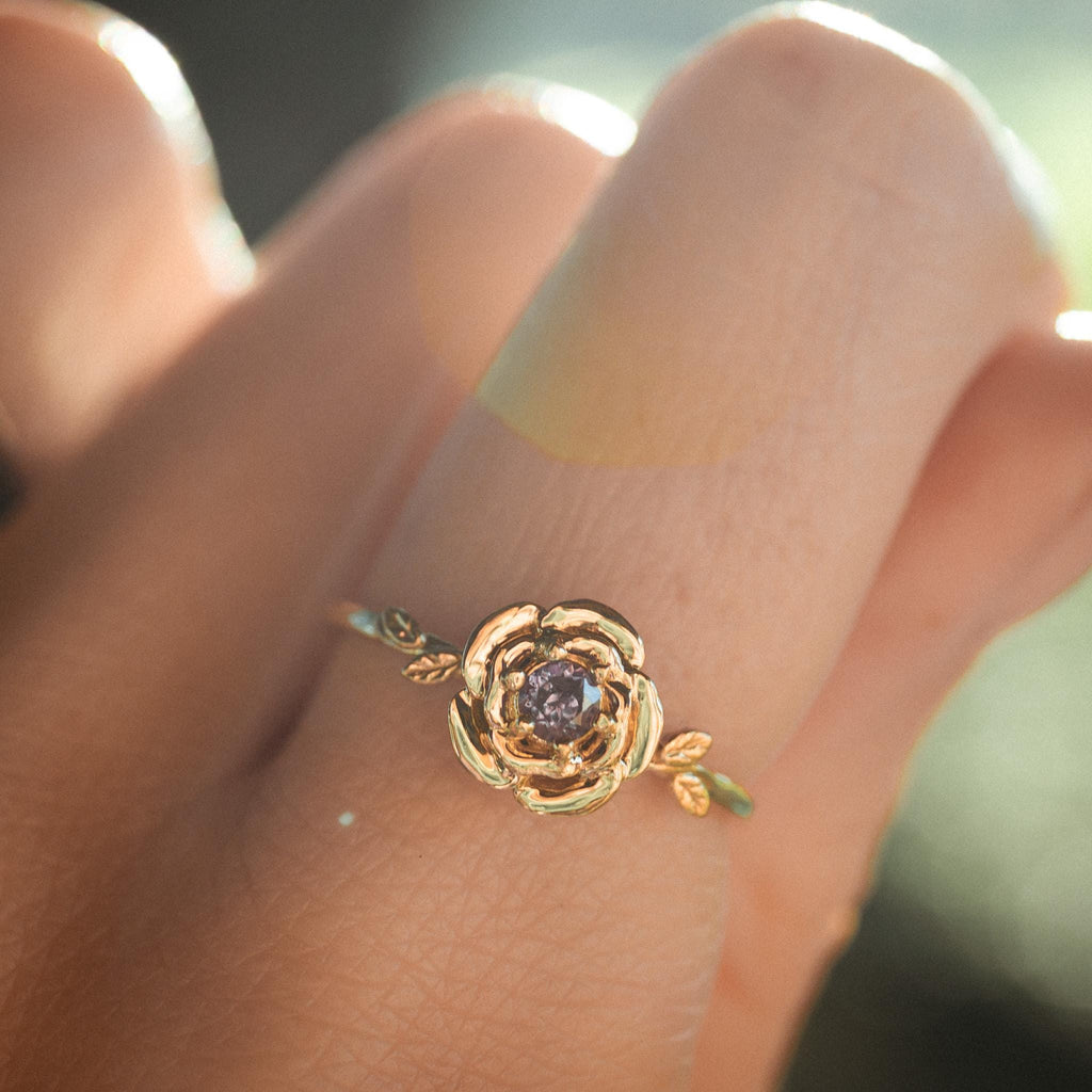 Solid Gold Rose Birth Flower Ring with Lab-Made Alexandrite