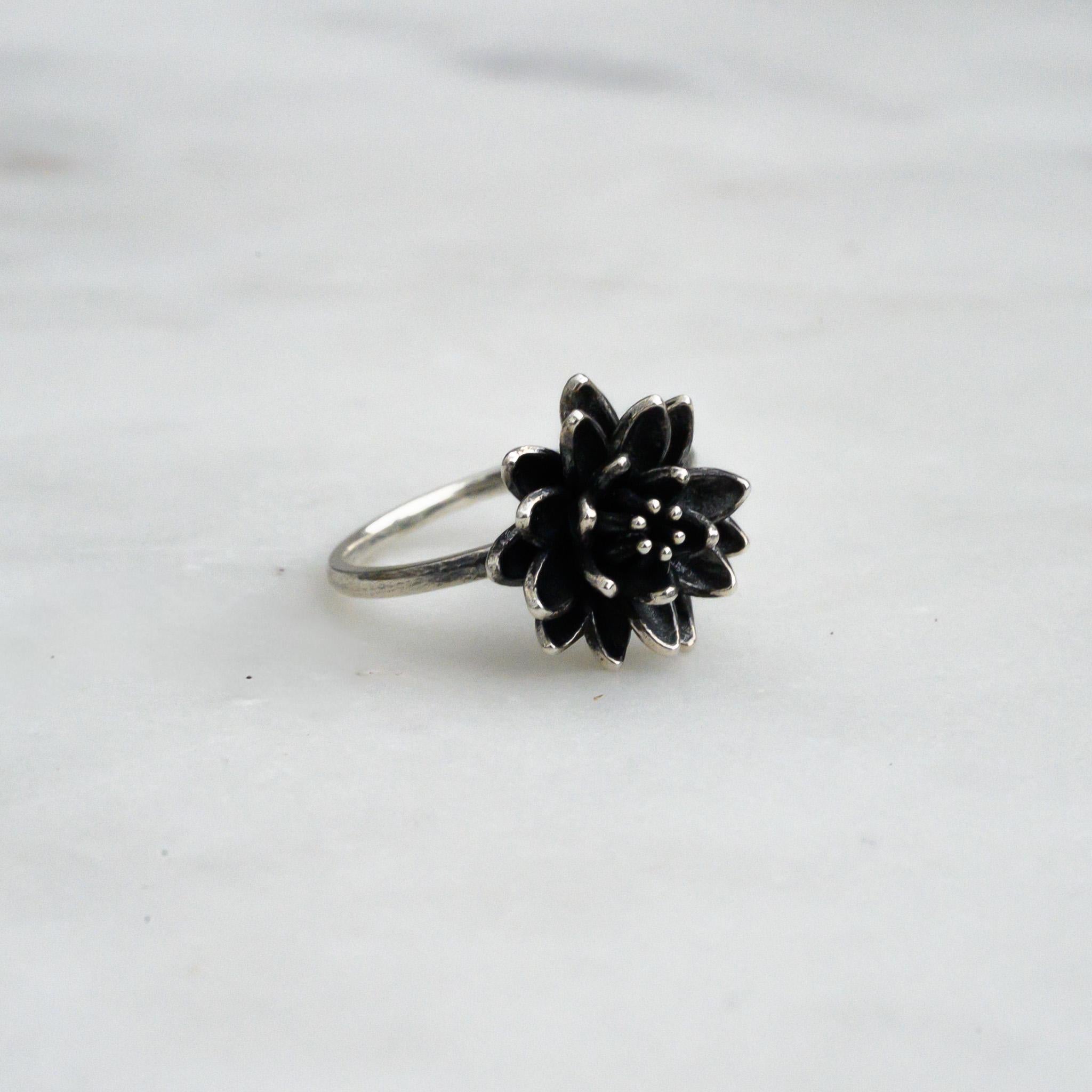 Antiqued Silver Lotus Ring, Size 6 – 14mm Water Lily Flower Jewelry