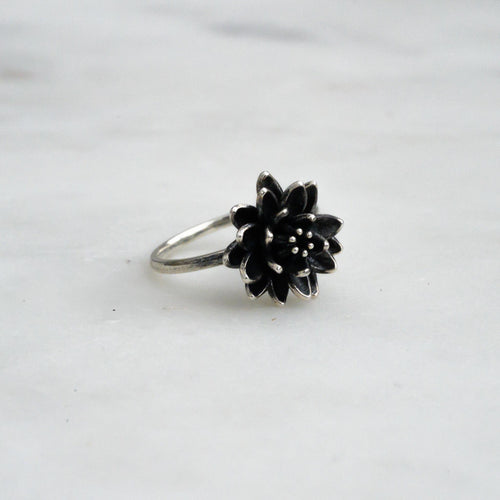 Antiqued Silver Lotus Ring, Size 6 – 14mm Water Lily Flower Jewelry