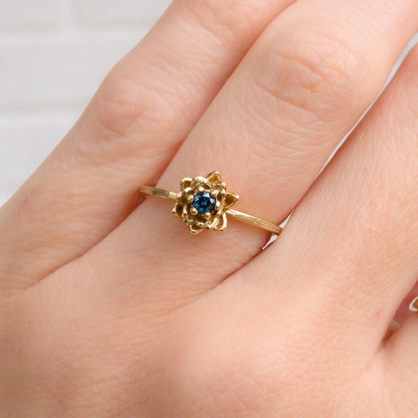 9K Gold Lotus Flower Ring with Blue Diamond