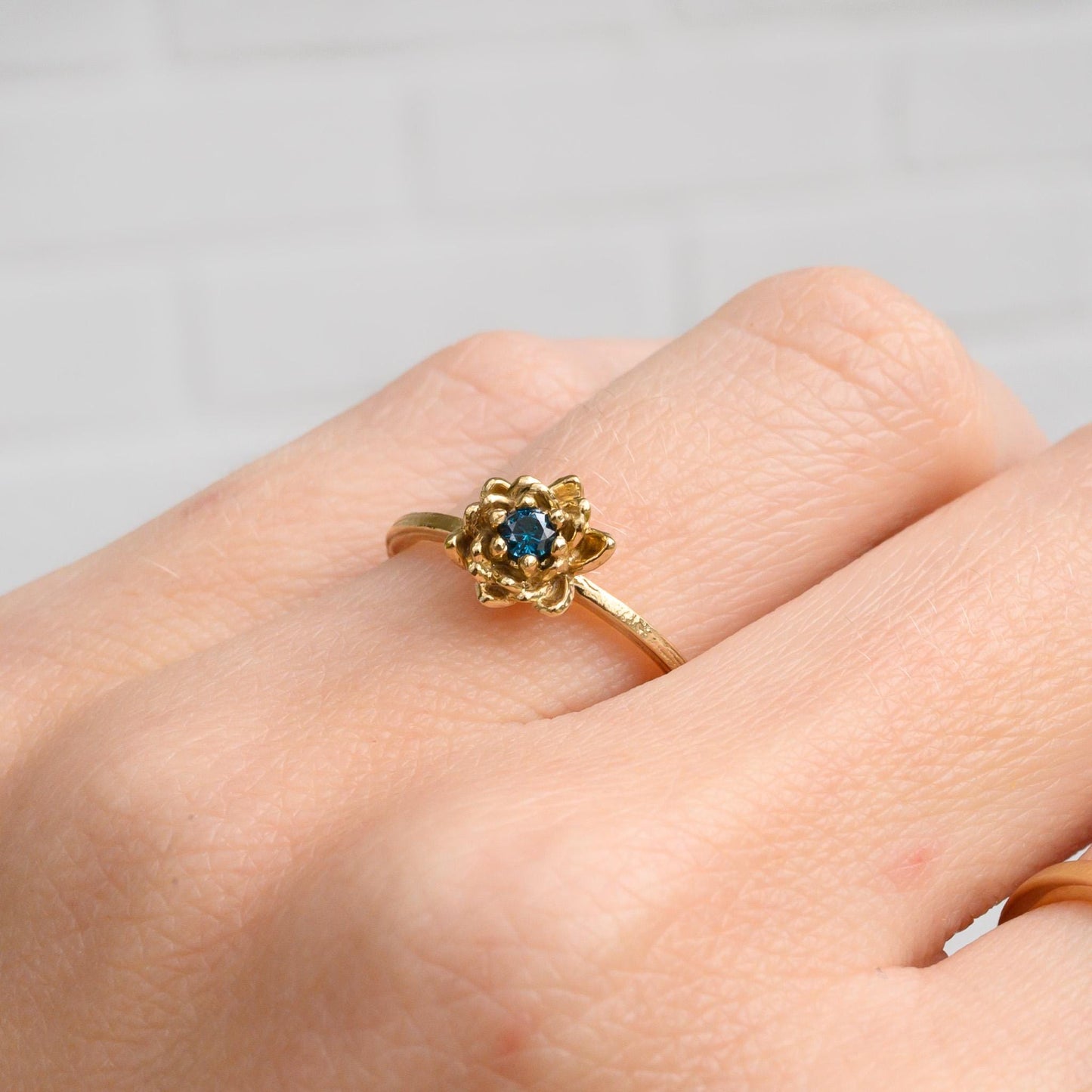 9K Gold Lotus Flower Ring with Blue Diamond