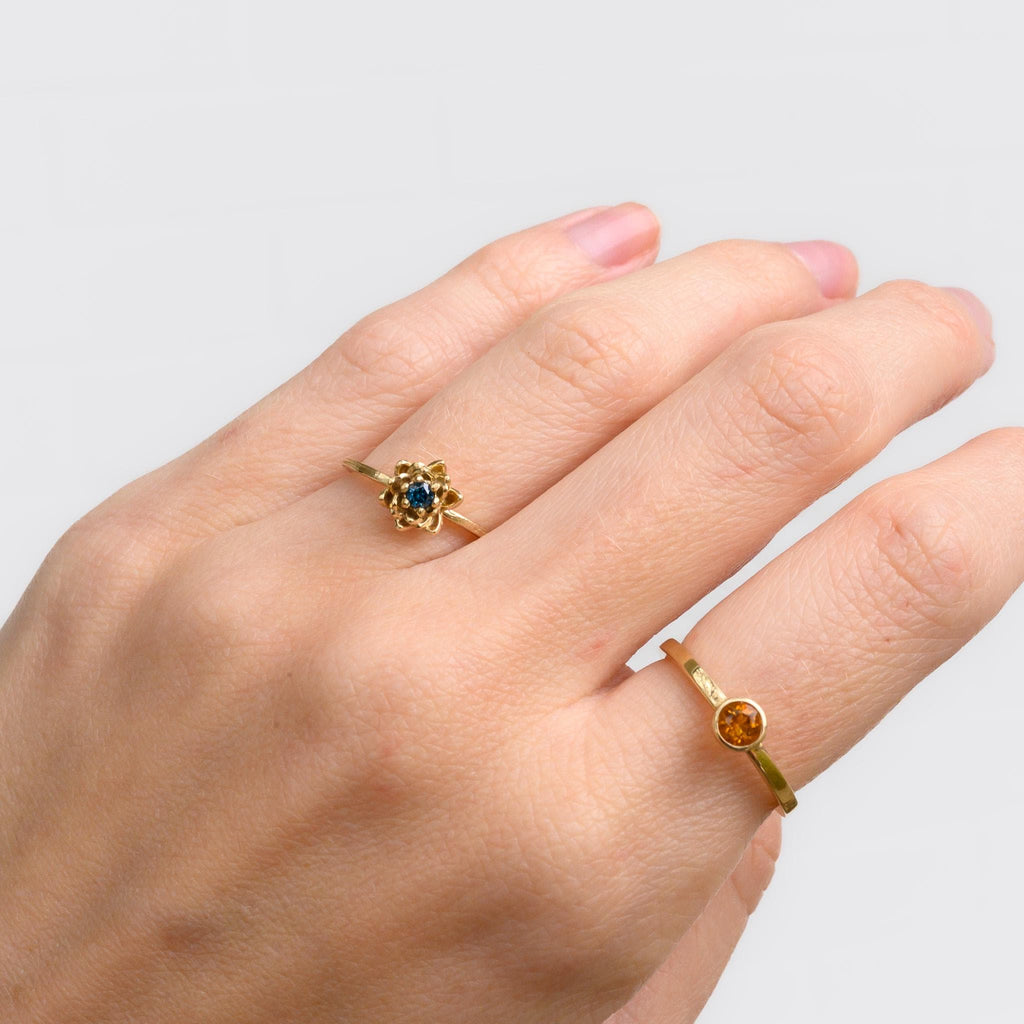 9K Gold Lotus Flower Ring with Blue Diamond