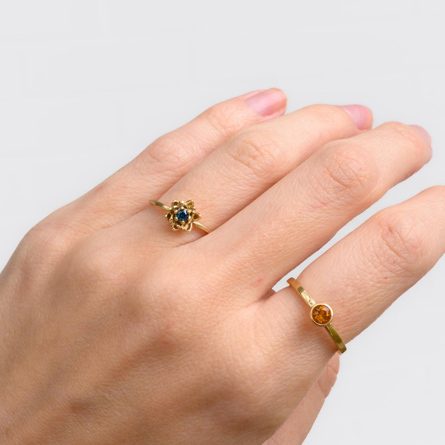 9K Gold Lotus Flower Ring with Blue Diamond