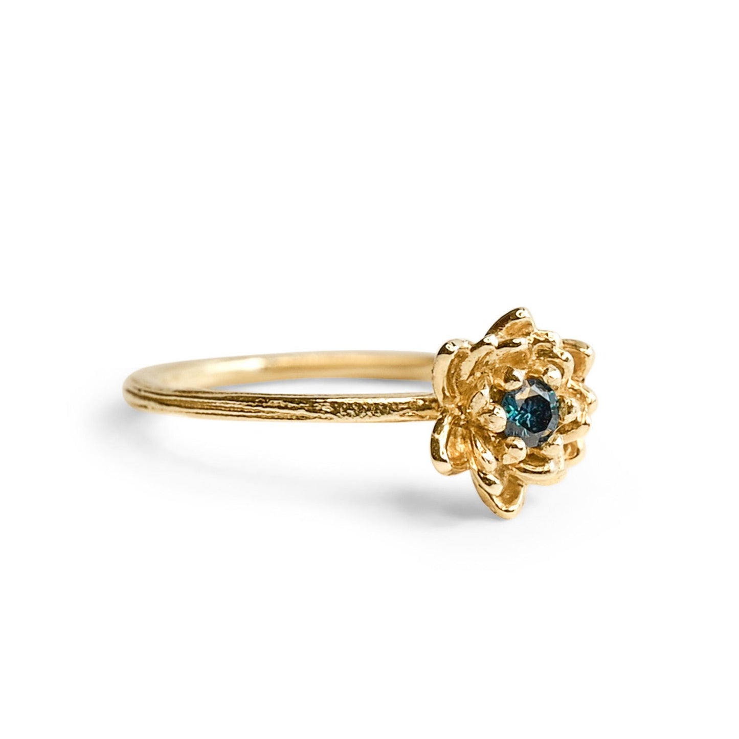 9K Gold Lotus Flower Ring with Blue Diamond