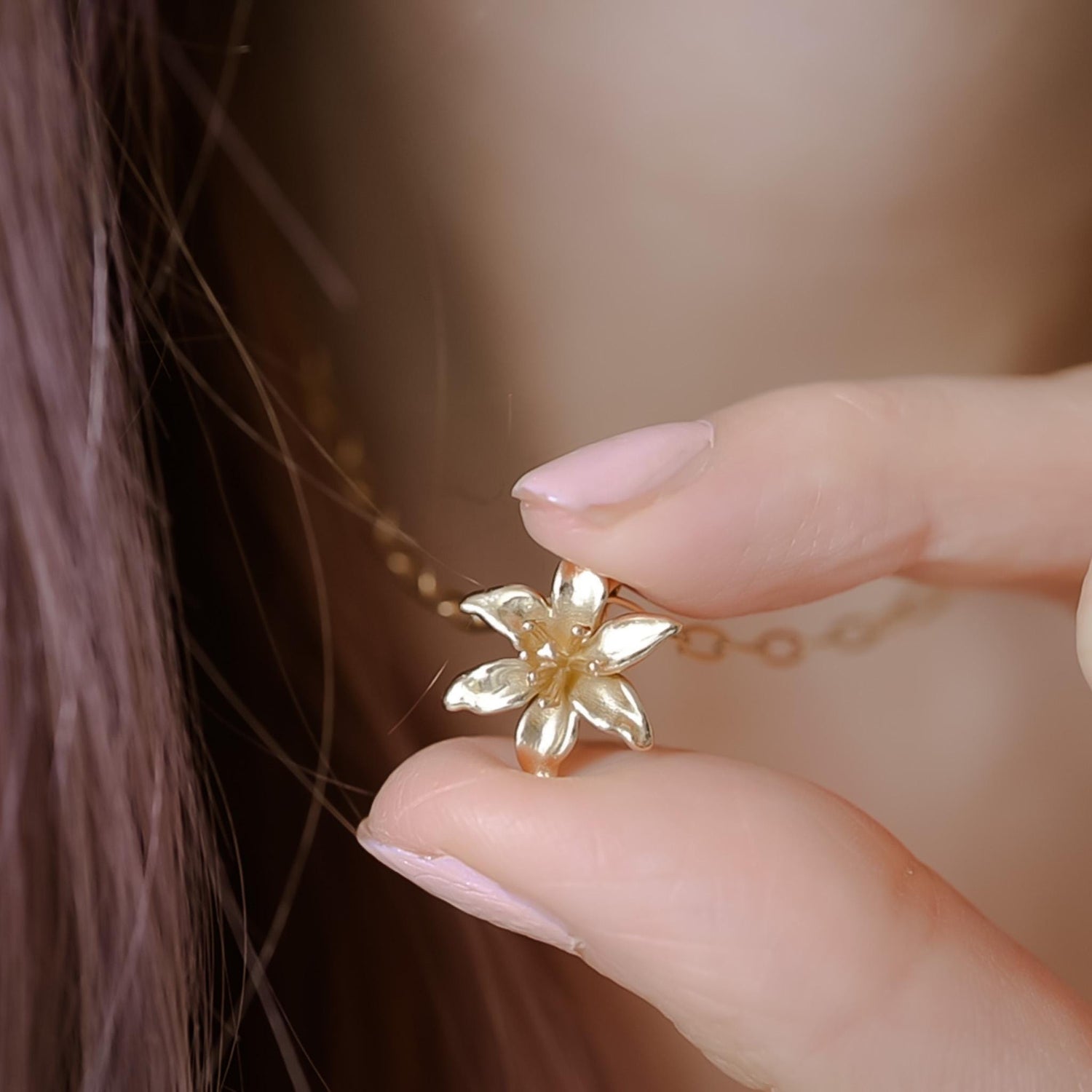 14K Yellow Gold Paper Clip Chain Necklace with Lily Pendant, Solid Gold Lily Charm, 16"/18"/20" Chain Options