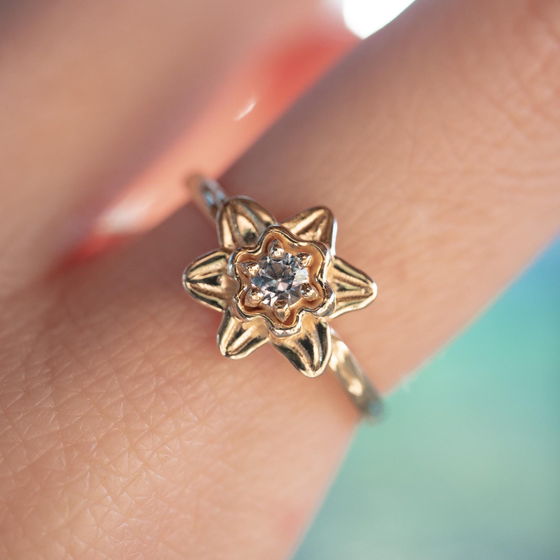 Solid Gold Daffodil Flower Ring with 3mm AA Aquamarine