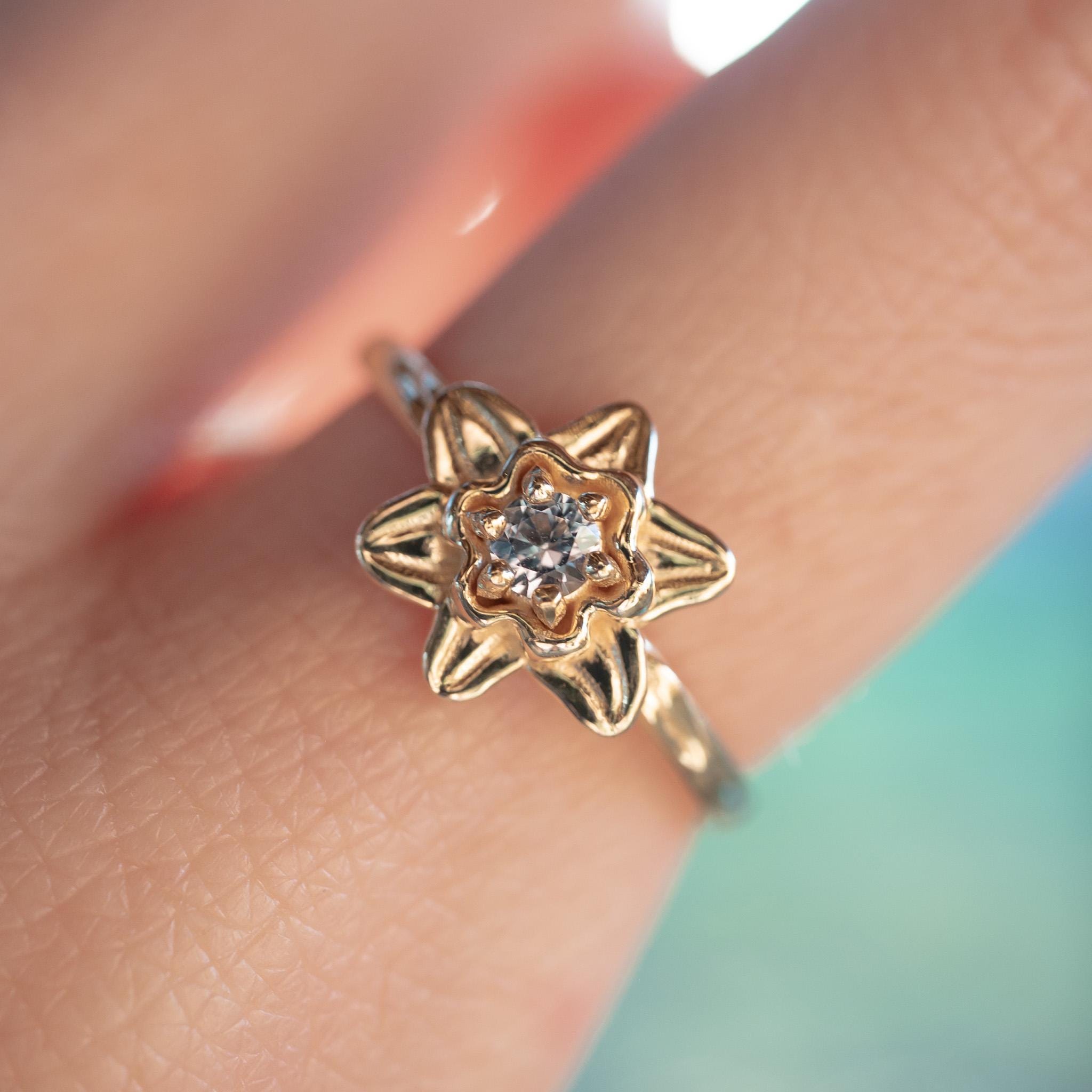 Solid Gold Daffodil Flower Ring with 3mm AA Aquamarine
