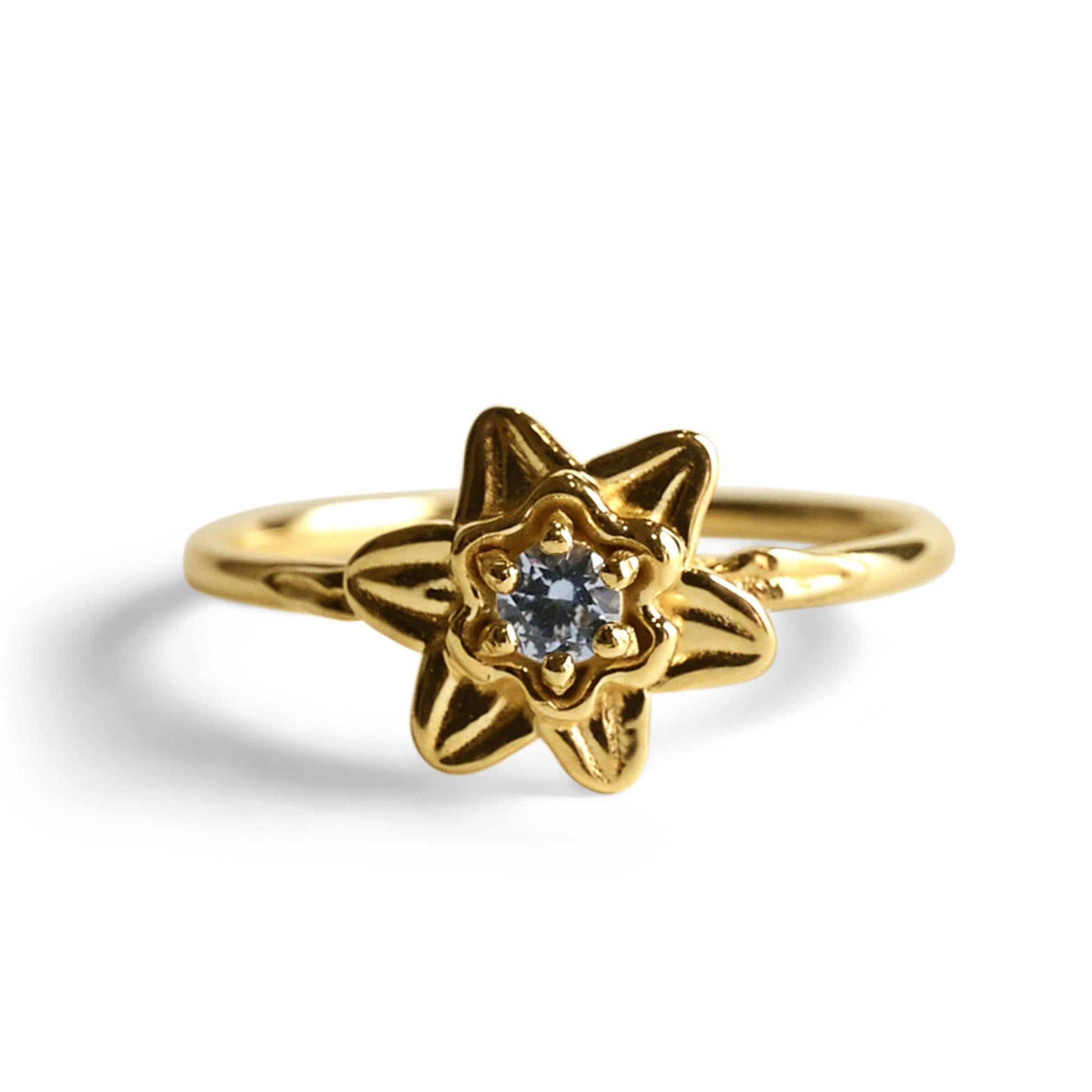 Solid Gold Daffodil Flower Ring with 3mm AA Aquamarine