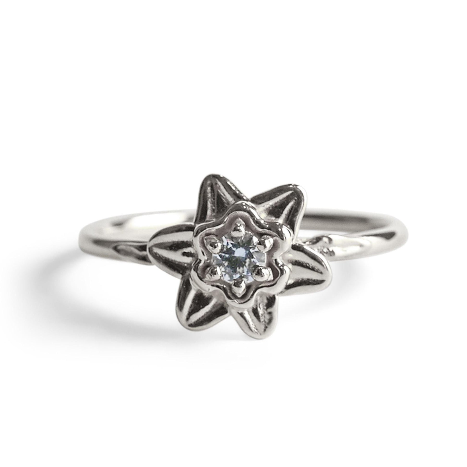 Solid Gold Daffodil Flower Ring with 3mm AA Aquamarine