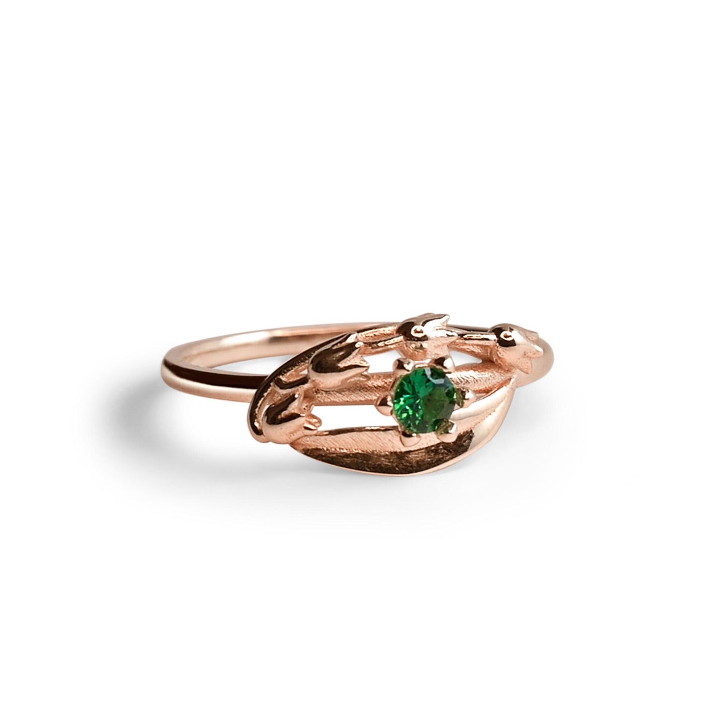 Solid Gold Lily of the Valley Ring with AA Lab-Made Emerald