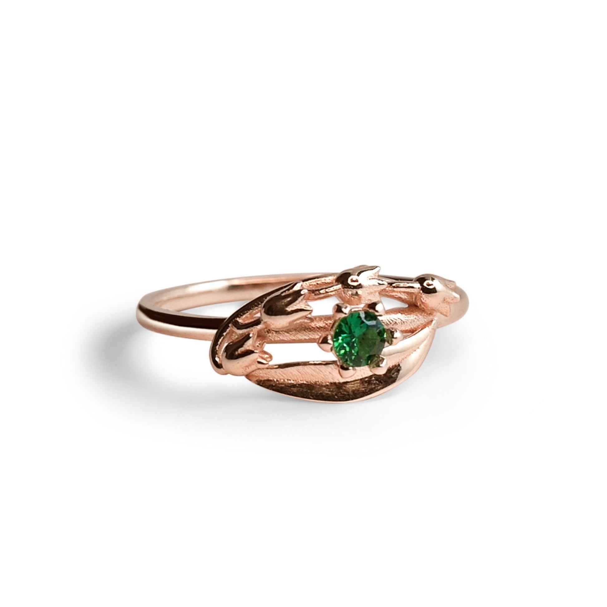 Solid Gold Lily of the Valley Ring with AA Lab-Made Emerald