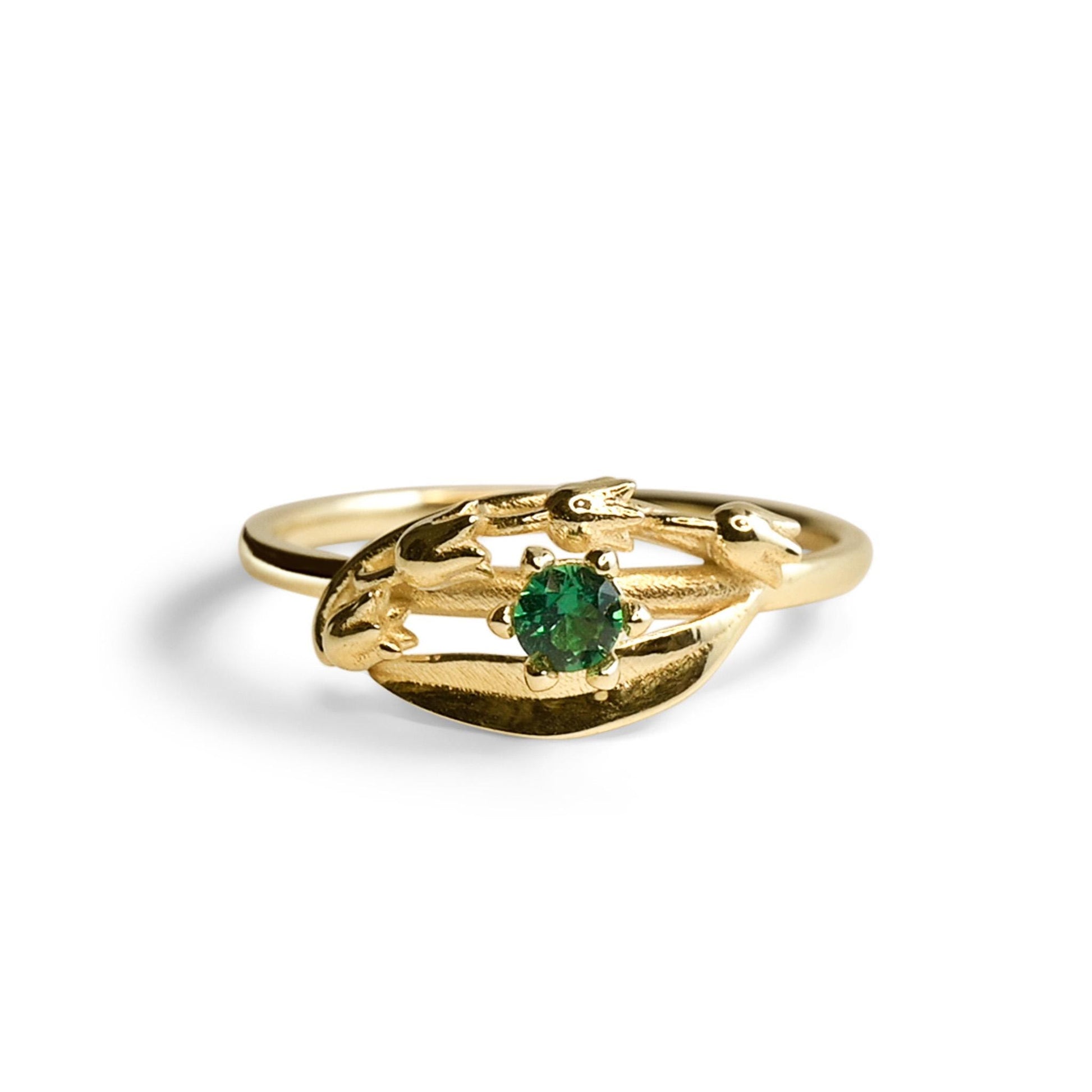 Solid Gold Lily of the Valley Ring with AA Lab-Made Emerald