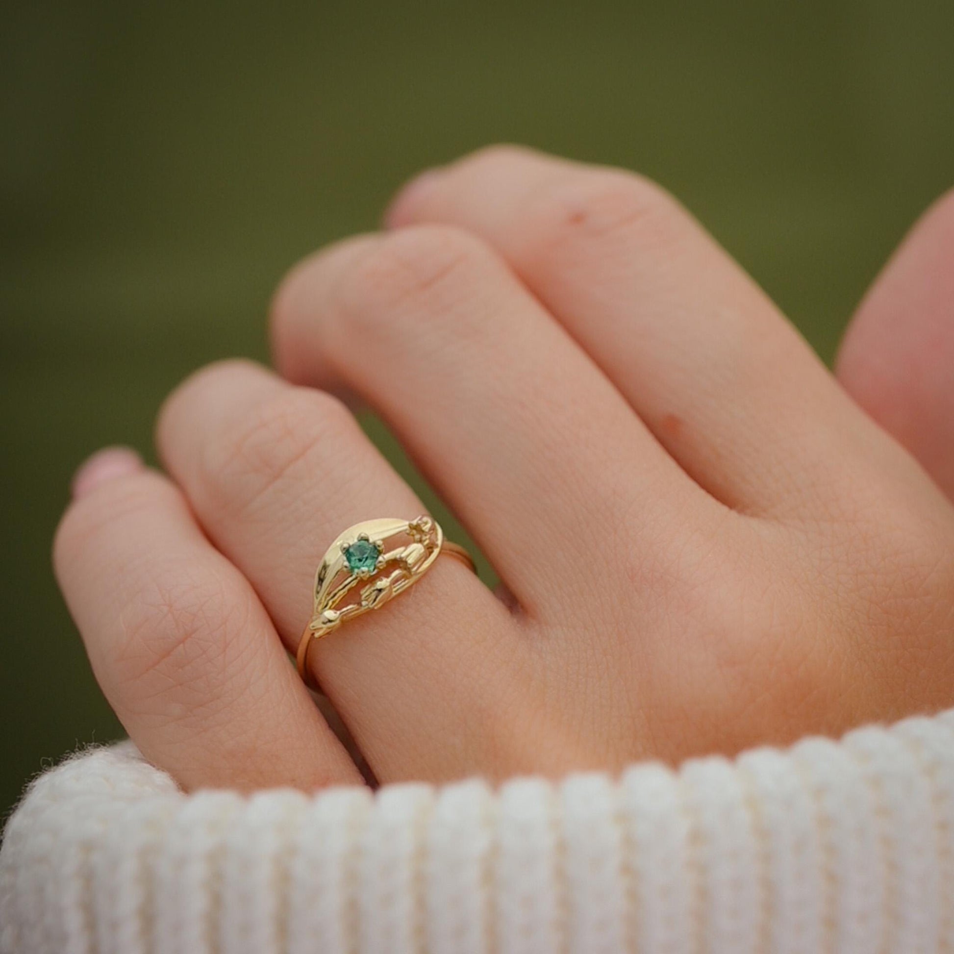 Solid Gold Lily of the Valley Ring with AA Lab-Made Emerald