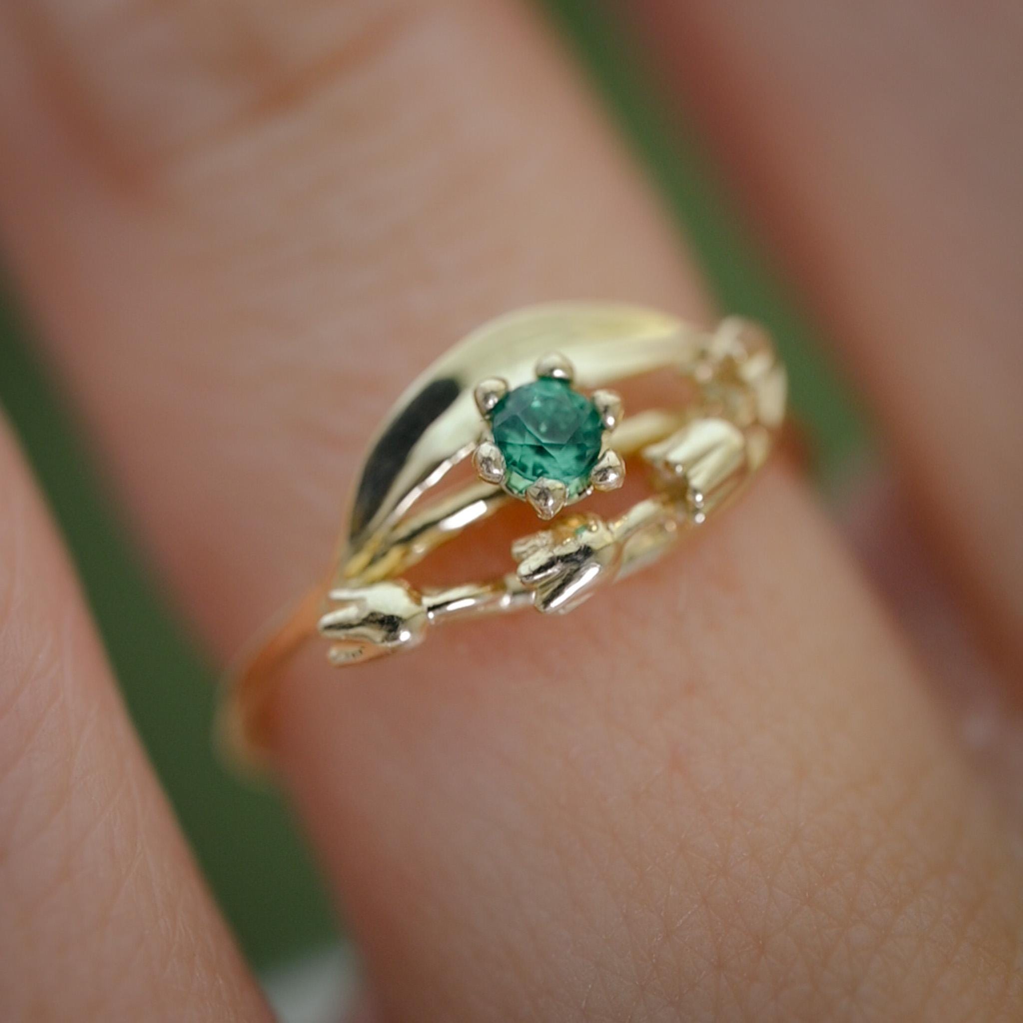 Solid Gold Lily of the Valley Ring with AA Lab-Made Emerald