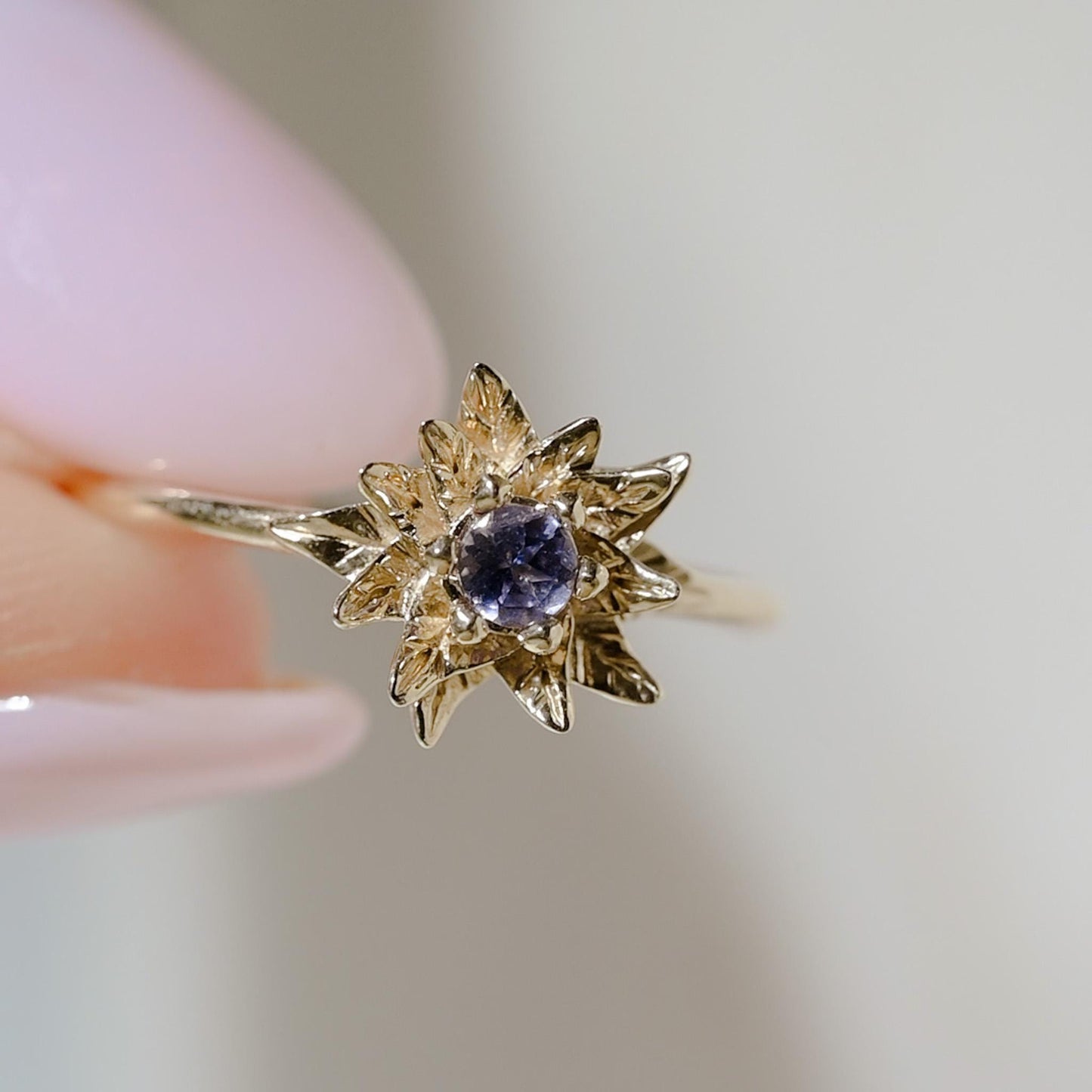 Solid Gold Poinsettia Birth Flower Ring with Tanzanite – December Birth Flower Jewelry