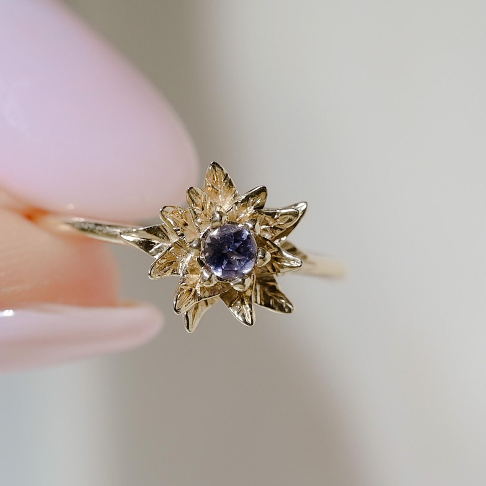 Solid Gold Poinsettia Birth Flower Ring with Tanzanite – December Birth Flower Jewelry