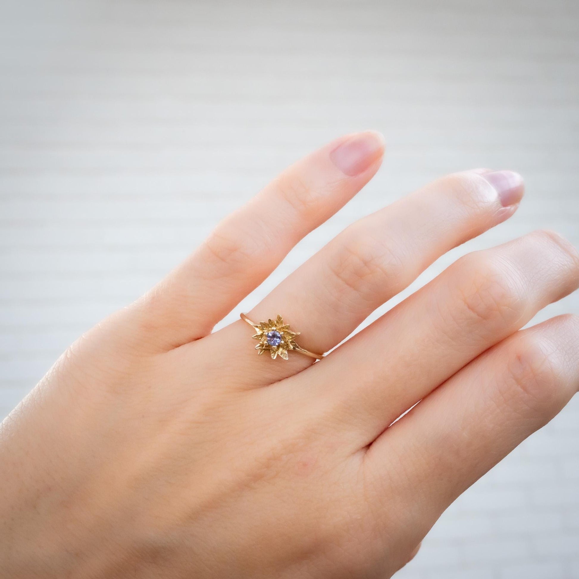 Solid Gold Poinsettia Birth Flower Ring with Tanzanite – December Birth Flower Jewelry