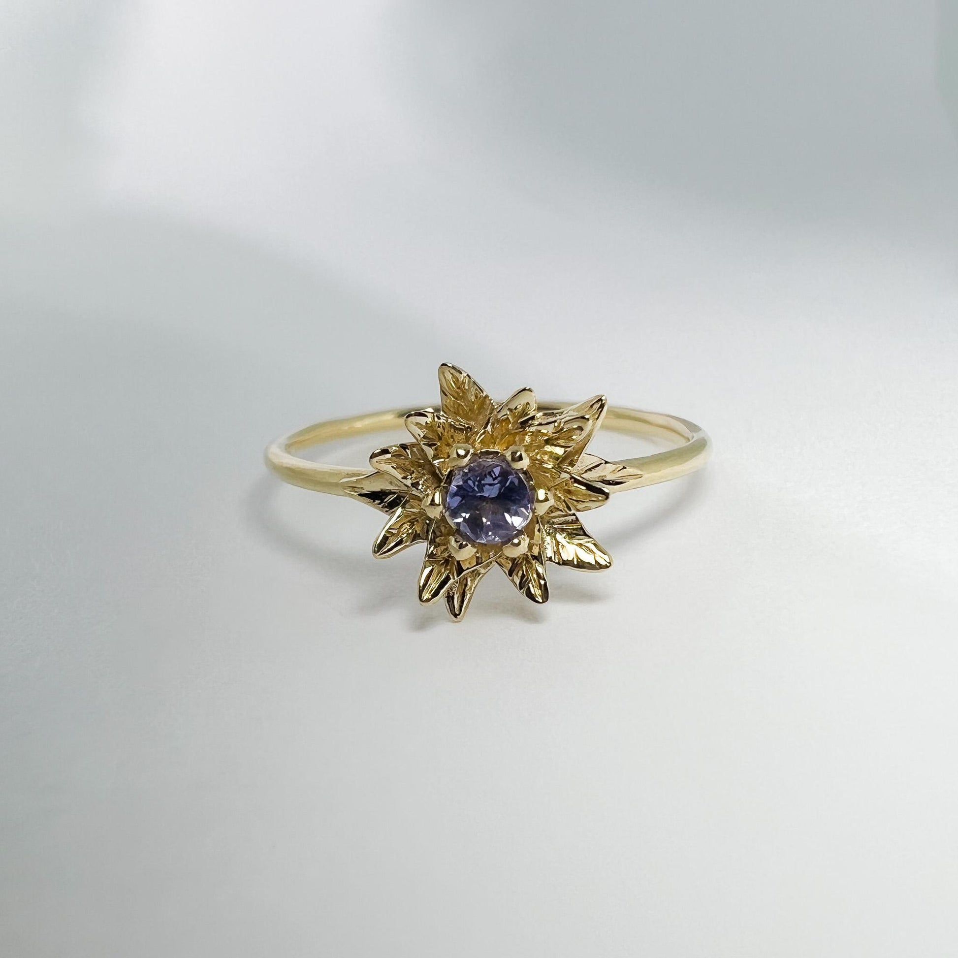 Solid Gold Poinsettia Birth Flower Ring with Tanzanite – December Birth Flower Jewelry