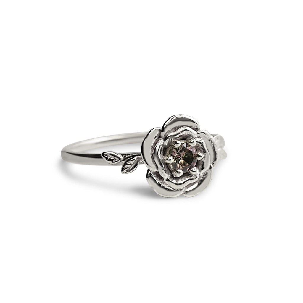Solid Gold Rose Birth Flower Ring with Lab-Made Alexandrite