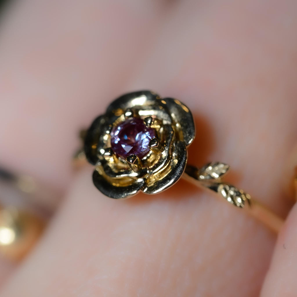 Solid Gold Rose Birth Flower Ring with Lab-Made Alexandrite
